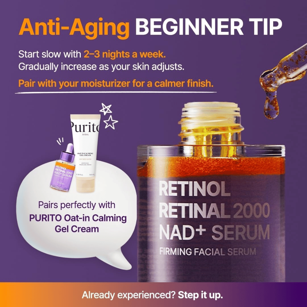 PURITO SEOUL Retinol Retinal 2000 NAD+ Serum – begynn å bruke serumet 2–3 kvelder i uken og kombiner det gjerne med en fuktighetskrem.