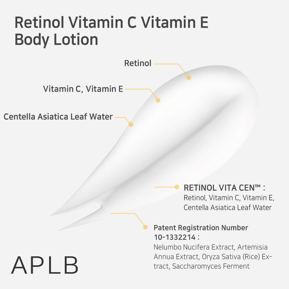 En klatt krem i nærbilde med piler som peker ut nøkkelingredienser: retinol, vitamin C, vitamin E og centella asiatica. Også tekst om produktets formulering og ekstrakter.
