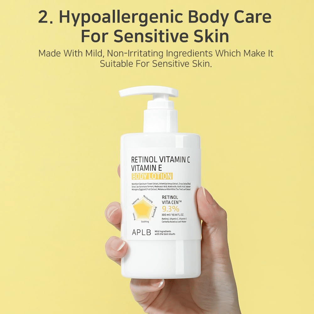 En hånd holder en hvit pumpeflaske mot en gul bakgrunn. Teksten fremhever at produktet er hypoallergent og passer sensitiv hud, med milde og ikke-irriterende ingredienser.