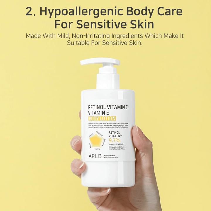 En hånd holder en hvit pumpeflaske mot en gul bakgrunn. Teksten fremhever at produktet er hypoallergent og passer sensitiv hud, med milde og ikke-irriterende ingredienser.