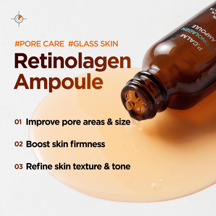 Markedsføringsbilde for P.CALM Retinolagen Ampoule med serum som renner ut av flasken over en gyllen serumtekstur. Bildet fremhever fordeler som forbedret porestørrelse, økt hudfasthet og jevnere hudtone.