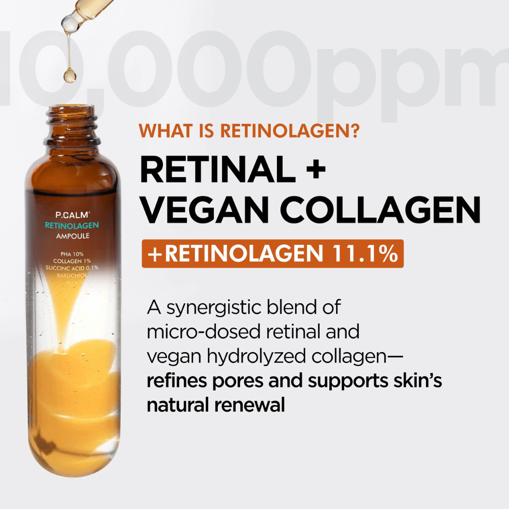 Produktbilde av P.CALM Retinolagen Ampoule sammen med informasjon om “Retinolagen”, en kombinasjon av retinal og vegansk kollagen. Bildet understreker hudfornyelse, forbedret hudstruktur og poreforfining.