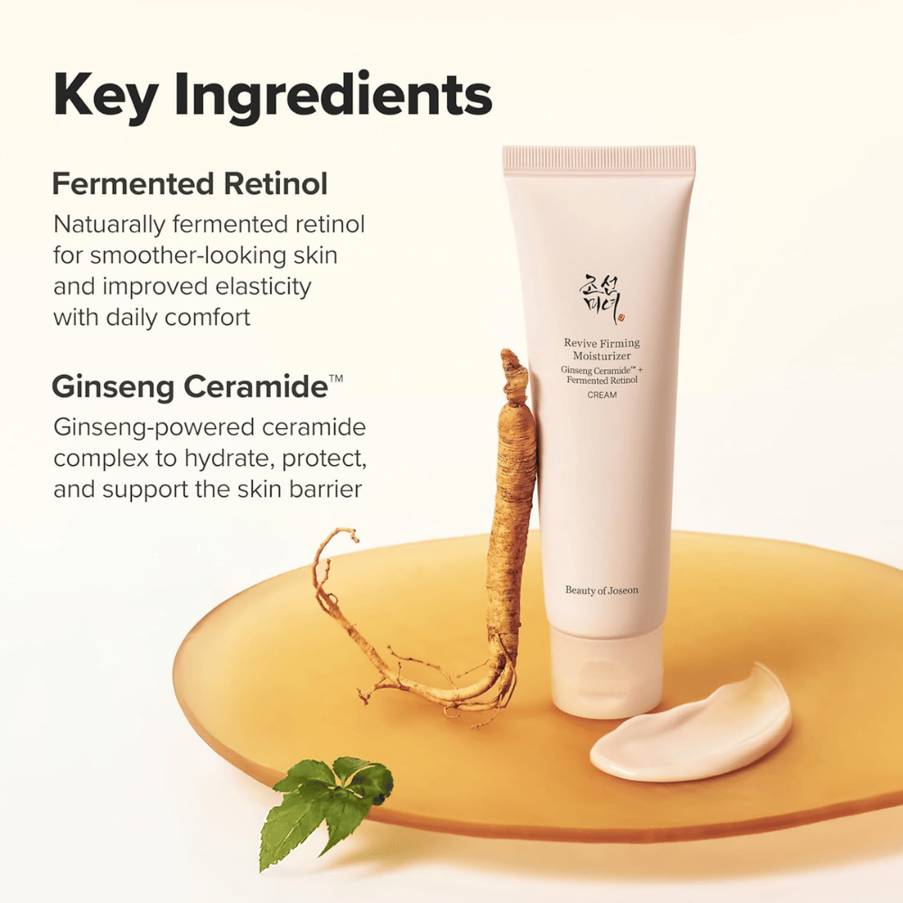 Bilde – ingredienser (SEO + EEAT)
Beauty of Joseon Revive Firming Moisturizer med ginseng ceramide og fermentert retinol som styrker hudbarrieren og forbedrer hudens elastisitet.