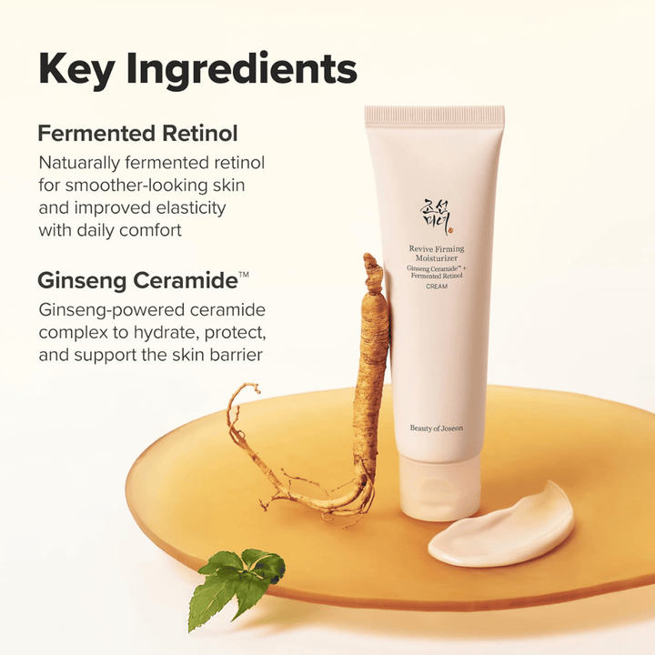Bilde – ingredienser (SEO + EEAT)
Beauty of Joseon Revive Firming Moisturizer med ginseng ceramide og fermentert retinol som styrker hudbarrieren og forbedrer hudens elastisitet.