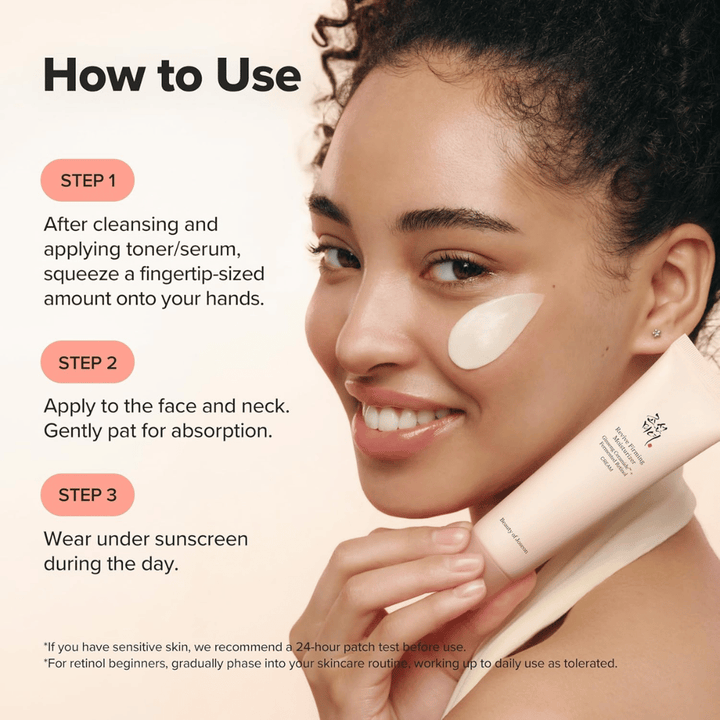 Bilde – how to use / påføring
Beauty of Joseon Revive Firming Moisturizer påføres i ansiktet etter rens, fukter huden og forbedrer elastisiteten med retinol.