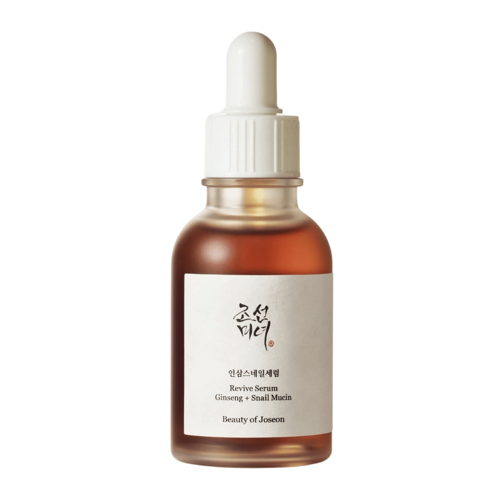 Produktbilde på Beauty of Joseon Revive Serum Ginseng + Snail Mucin i brun glassflaske – anti-age serum for fastere hud.
