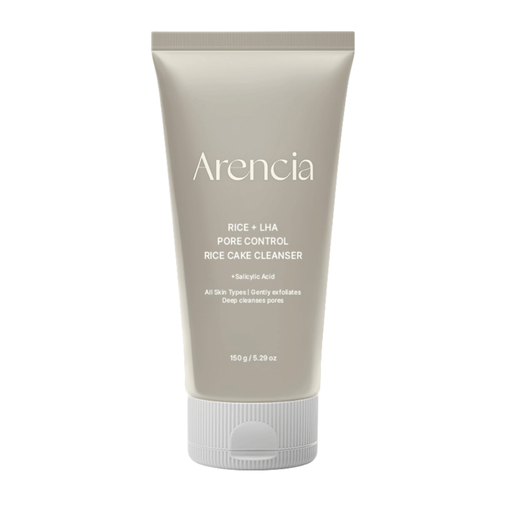 Arencia Rice + LHA Pore Control Rice Cake Cleanser i helbilde mot hvit bakgrunn, koreansk ansiktsrens med ris og LHA for skånsom eksfoliering og balansert hud.