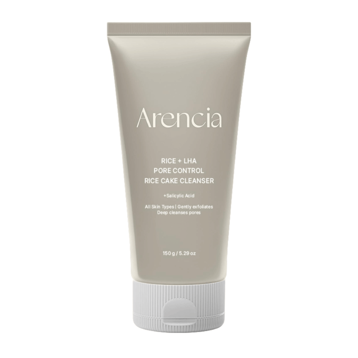 Arencia Rice + LHA Pore Control Rice Cake Cleanser i helbilde mot hvit bakgrunn, koreansk ansiktsrens med ris og LHA for skånsom eksfoliering og balansert hud.