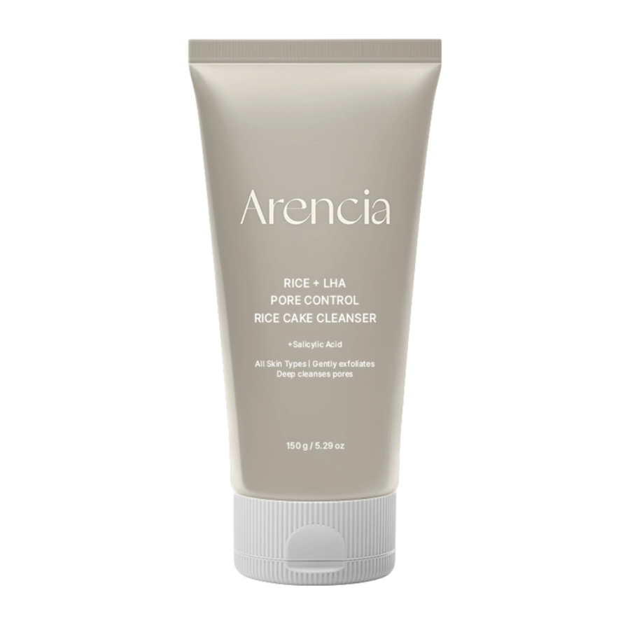 Arencia Rice + LHA Pore Control Rice Cake Cleanser i helbilde mot hvit bakgrunn, koreansk ansiktsrens med ris og LHA for skånsom eksfoliering og balansert hud.