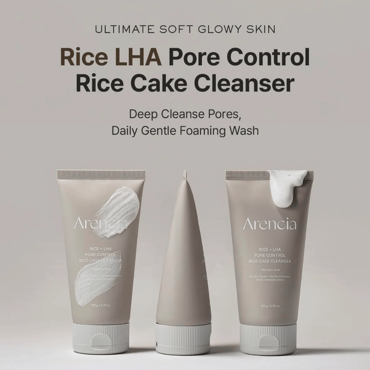 Produktpresentasjon av Arencia Rice + LHA Pore Control Rice Cake Cleanser i flere vinkler, daglig skummende ansiktsrens for klarere porer og jevnere hudstruktur.