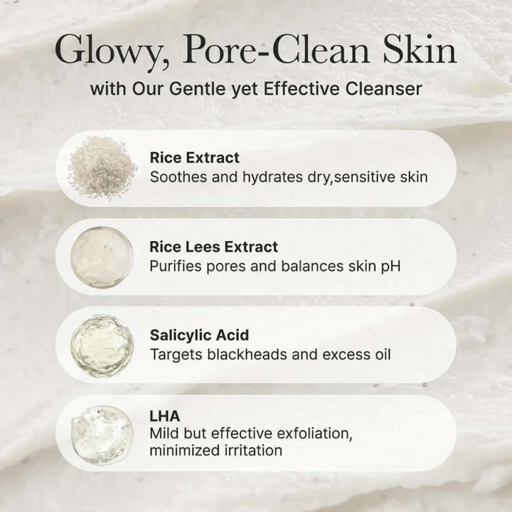 Ingrediensoversikt for Arencia Rice + LHA Pore Control Rice Cake Cleanser med risekstrakt, rice lees extract, salisylsyre og LHA for beroligende, porerensende og balanserende effekt.