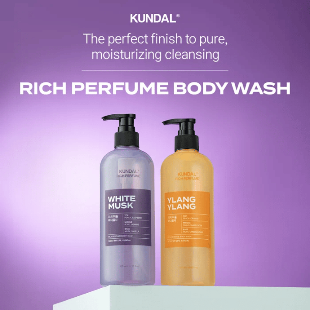 5. KUNDAL Rich Perfume Body Wash White Musk & Ylang Ylang – parfymert og fuktighetsgivende kroppsrens