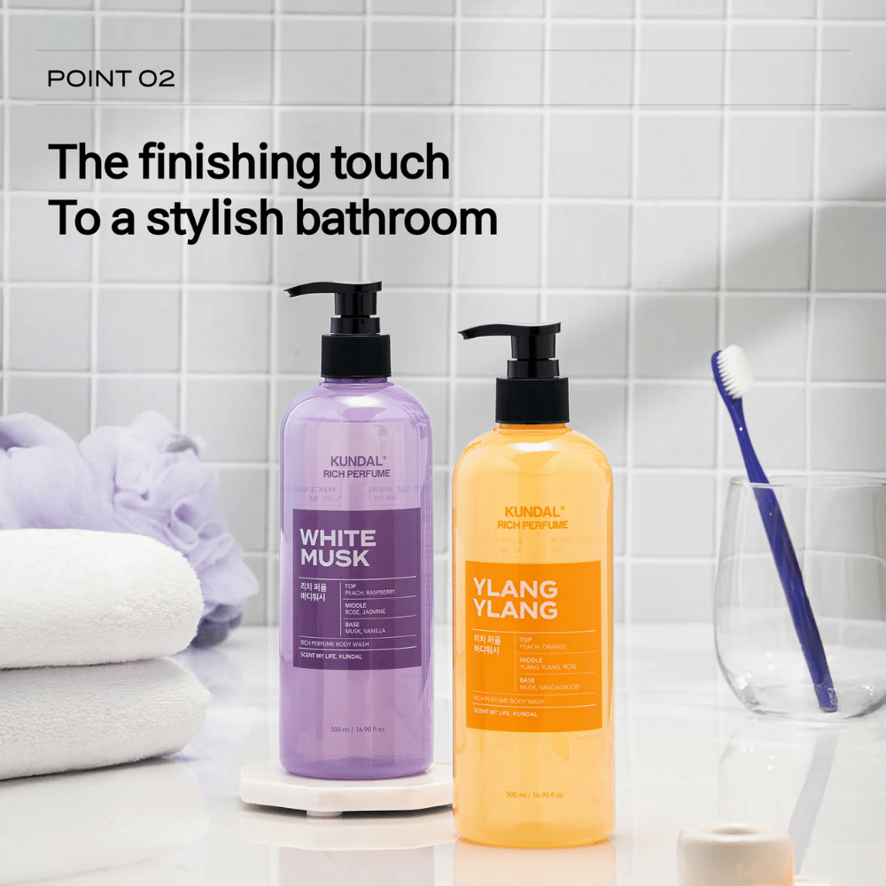 3. KUNDAL Rich Perfume Body Wash White Musk & Ylang Ylang – to dusjsåper i et stilrent baderomsmiljø