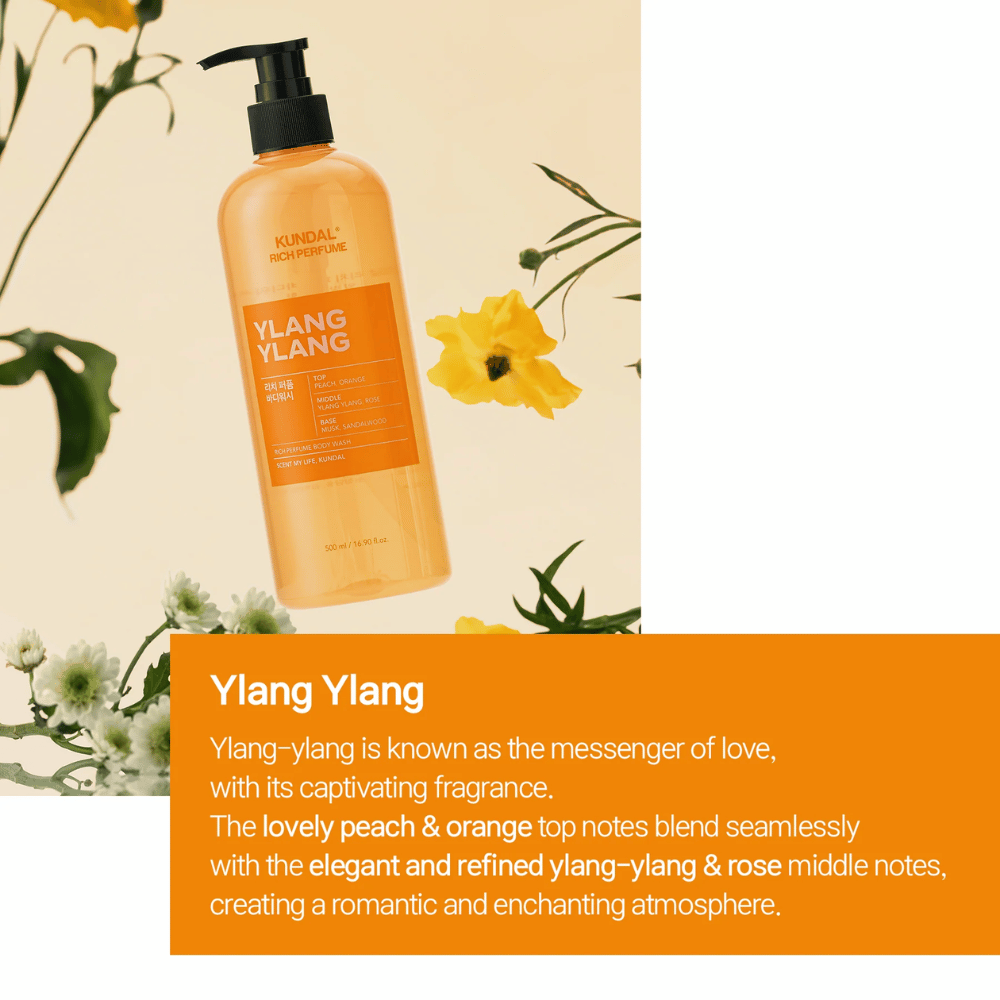 2. KUNDAL Rich Perfume Body Wash Ylang Ylang 500 ml – dusjsåpe med duft av fersken, appelsin, ylang-ylang, rose, musk og sandeltre