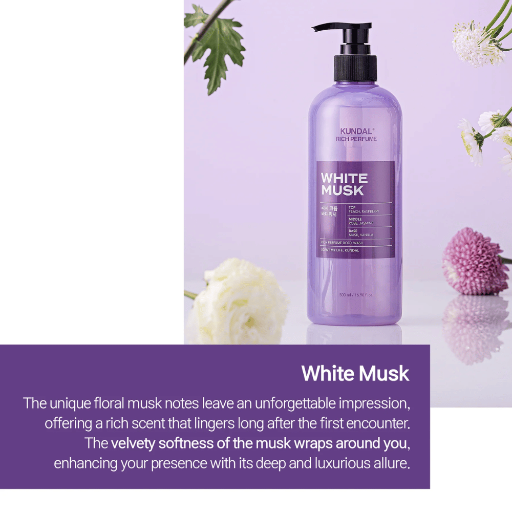 1. KUNDAL Rich Perfume Body Wash White Musk & Ylang Ylang 500 ml – parfymert dusjsåpe i to duftvarianter