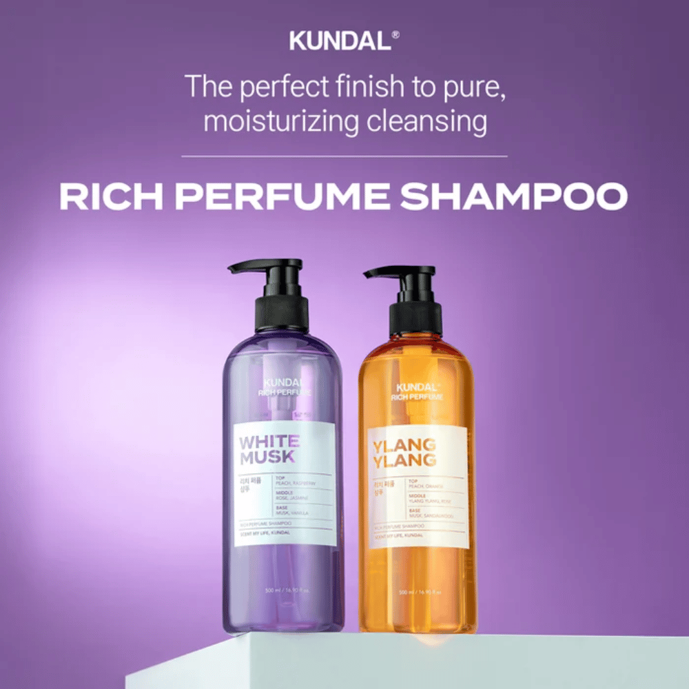 7. KUNDAL Rich Perfume Shampoo White Musk & Ylang Ylang 500 ml – rensende sjampo med fuktighetsgivende egenskaper i to duftvarianter