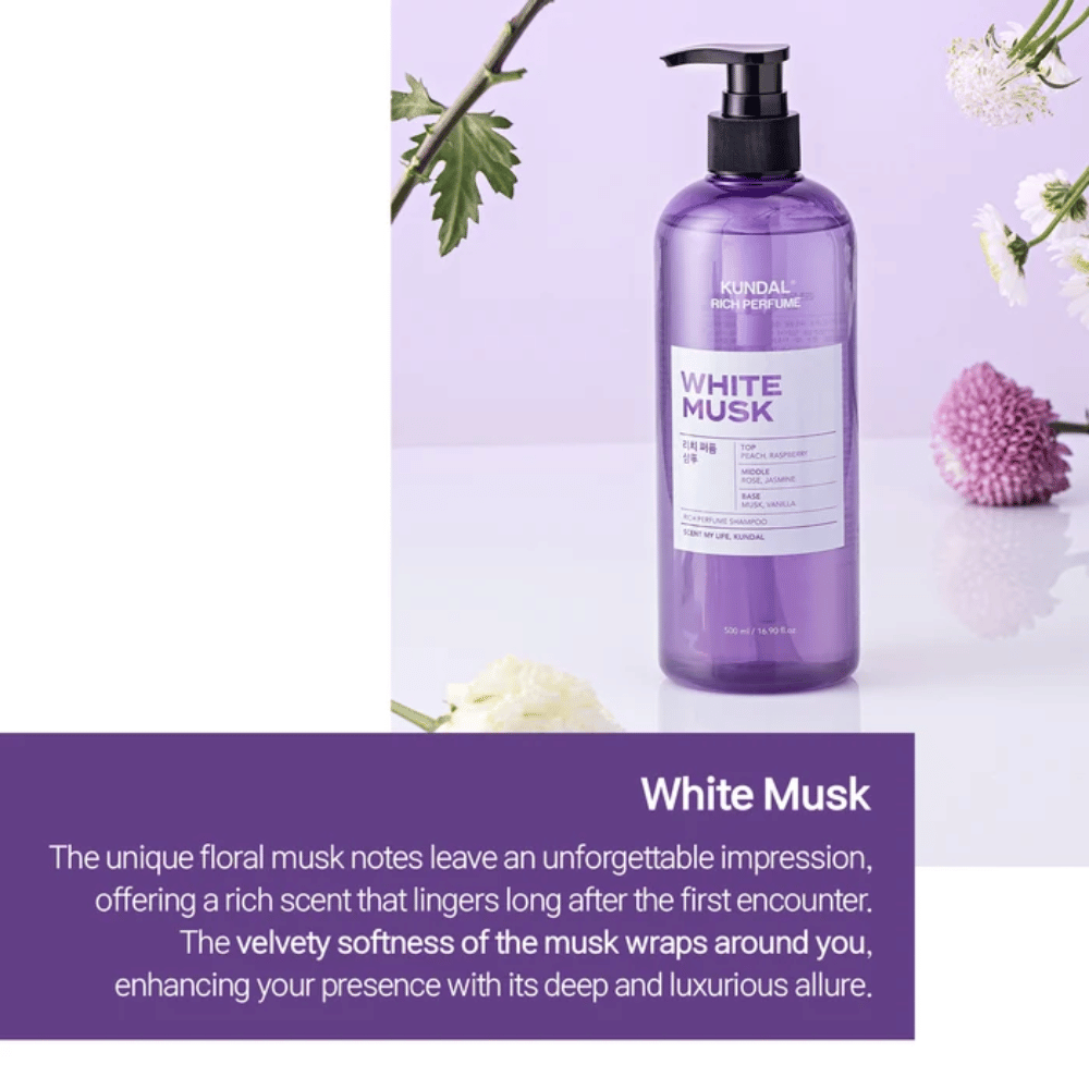 4. KUNDAL Rich Perfume Shampoo White Musk – lilla sjampoflaske med blomstrete noter og myk muskduft