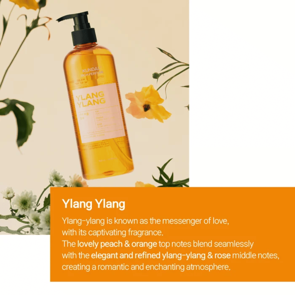 3. KUNDAL Rich Perfume Shampoo Ylang Ylang – oransje sjampoflaske med blomstrete og fruktig duft