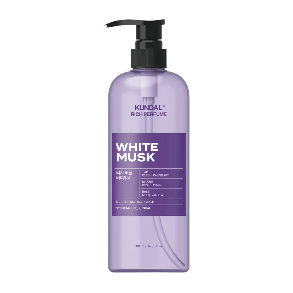 7. KUNDAL Rich Perfume Body Wash White Musk 500 ml – lilla dusjsåpe med duft av fersken, bringebær, rose, jasmin, musk og vanilje