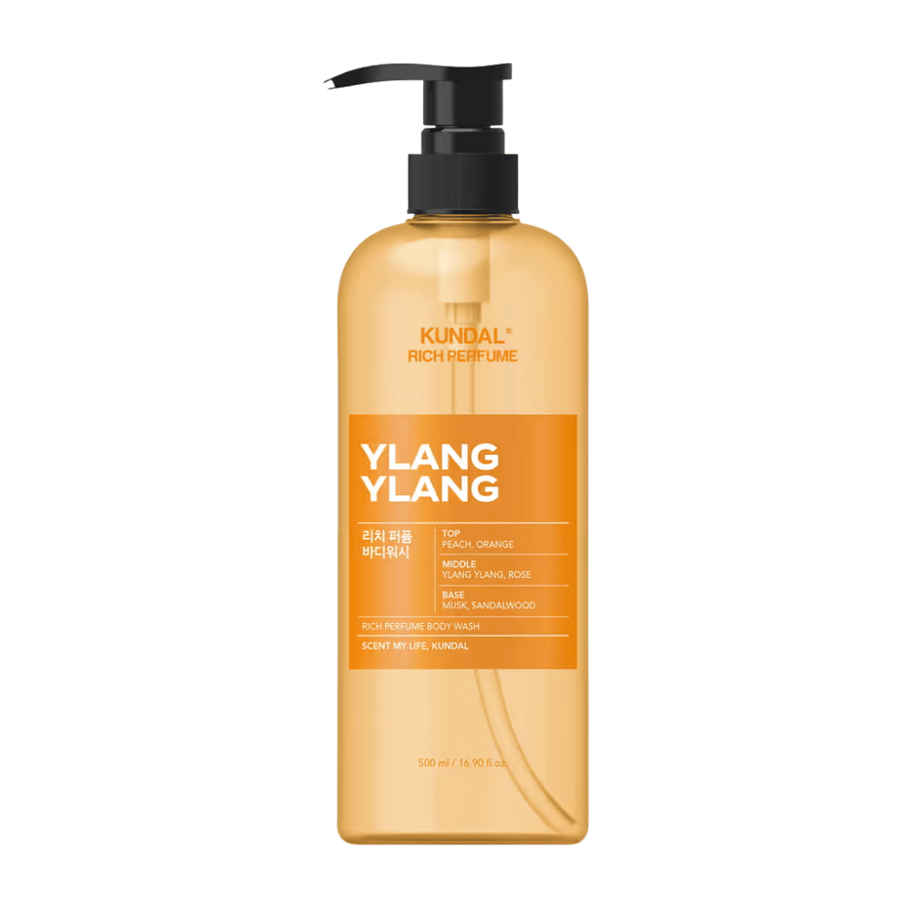 6. KUNDAL Rich Perfume Body Wash Ylang Ylang 500 ml – oransje dusjsåpe med pumpeflaske