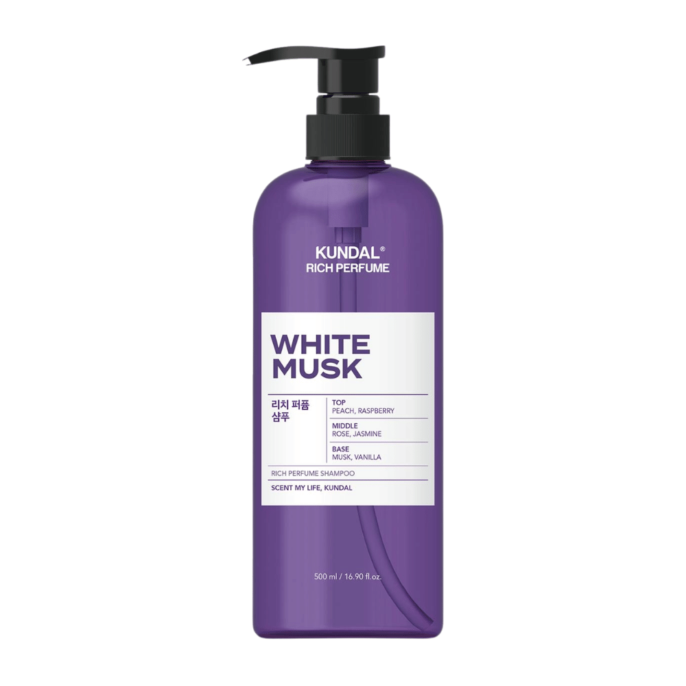 2. KUNDAL Rich Perfume Shampoo White Musk 500 ml – sjampo med duft av fersken, bringebær, rose, jasmin, musk og vanilje