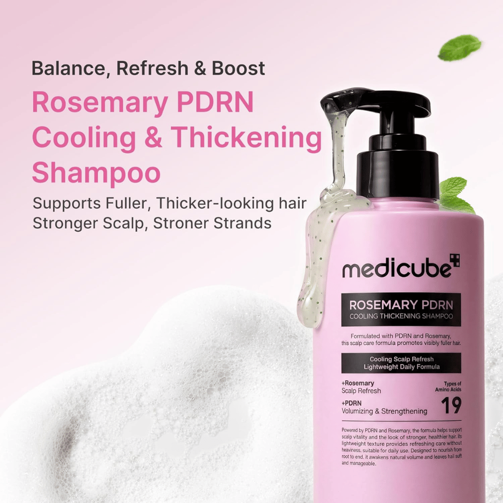 Medicube Rosemary PDRN Cooling Thickening Shampoo som kjøler ned hodebunnen og gir tykkere, sterkere hår