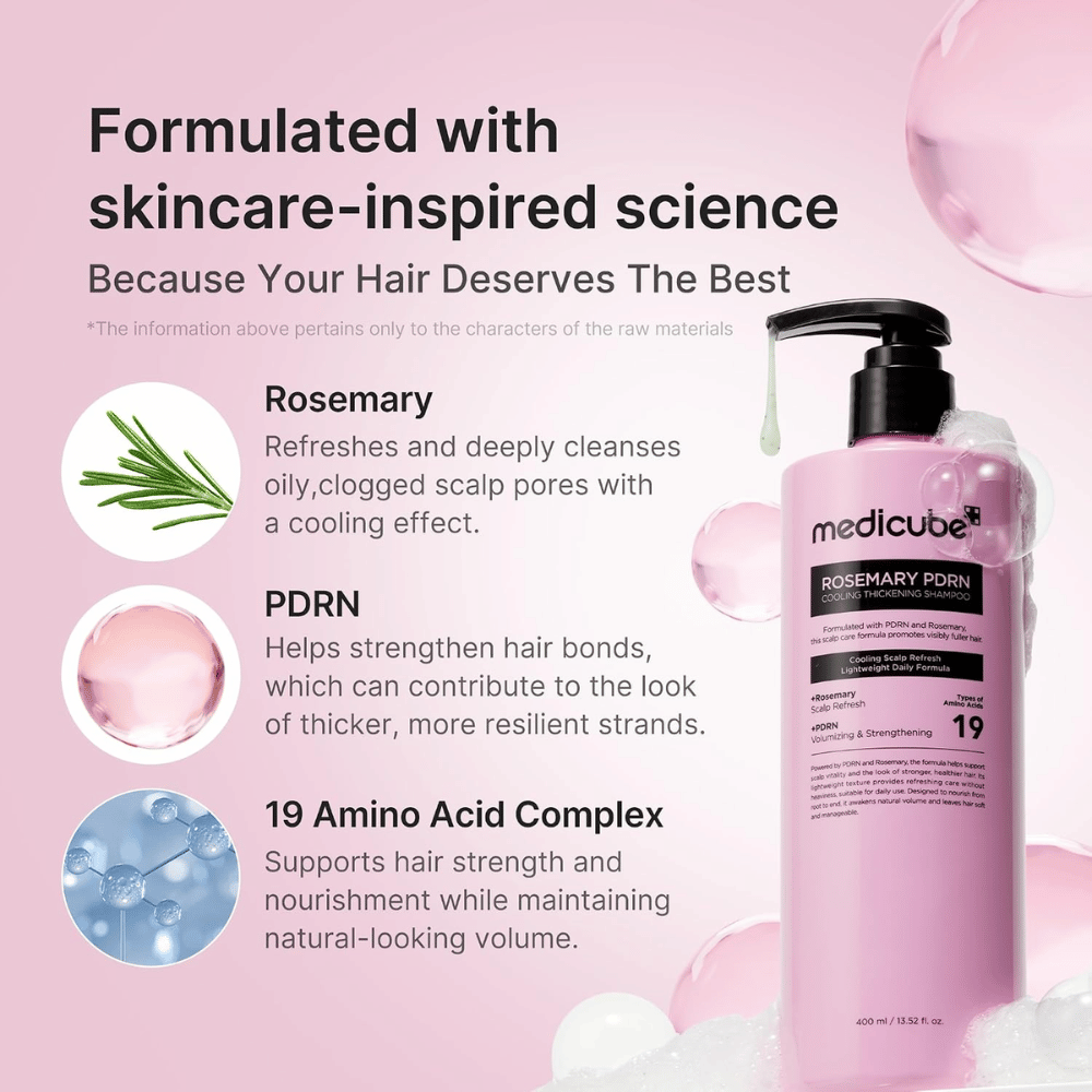 Medicube Rosemary PDRN Cooling Thickening Shampoo med rosmarin, PDRN og 19 aminosyrer for fyldigere hår