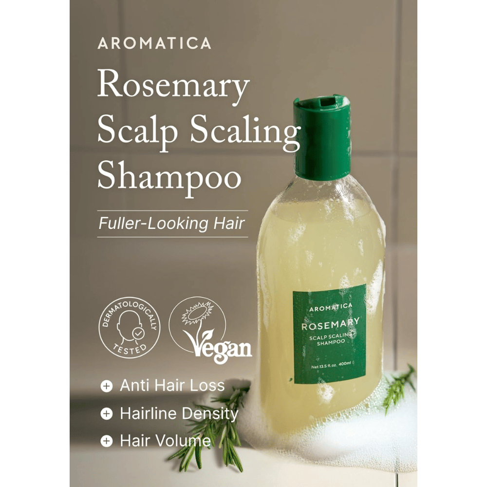 AROMATICA Rosemary Scalp Scaling Shampoo for rengjøring og eksfoliering av hodebunnen som bidrar til redusert håravfall, økt hårvolum og en sunn hodebunn.
