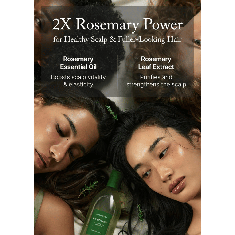 AROMATICA Rosemary Scalp Scaling Shampoo med rosmarinolje og rosmarinekstrakt som styrker hodebunnen, rengjør i dybden og fremmer fyldigere hår.