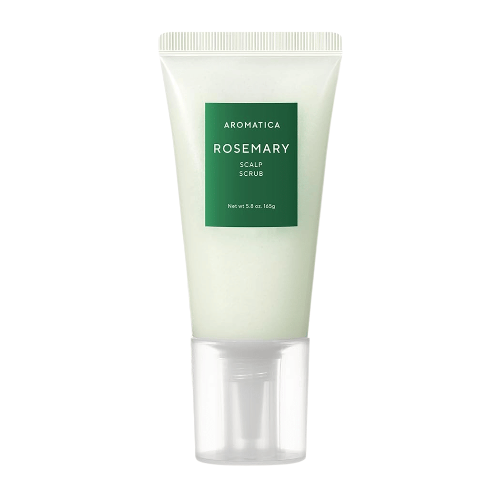4. AROMATICA Rosemary Scalp Scrub 165 g – eksfolierende hodebunnsskrubb med rosmarin i lysegrønn tube mot hvit bakgrunn