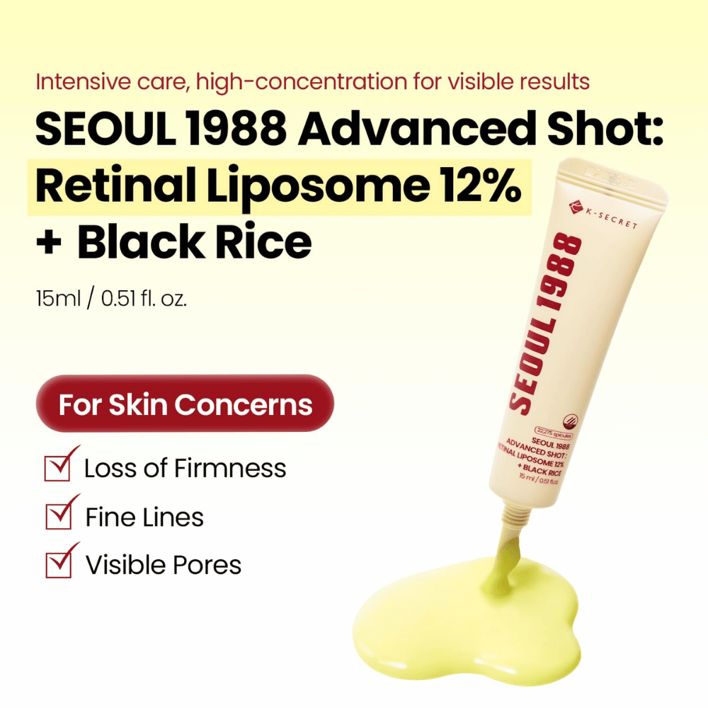 K-SECRET SEOUL 1988 Advanced Shot Retinal Liposome 12% + Black Rice 15 ml – intensiv retinalbehandling for fine linjer, synlige porer og tapt fasthet.