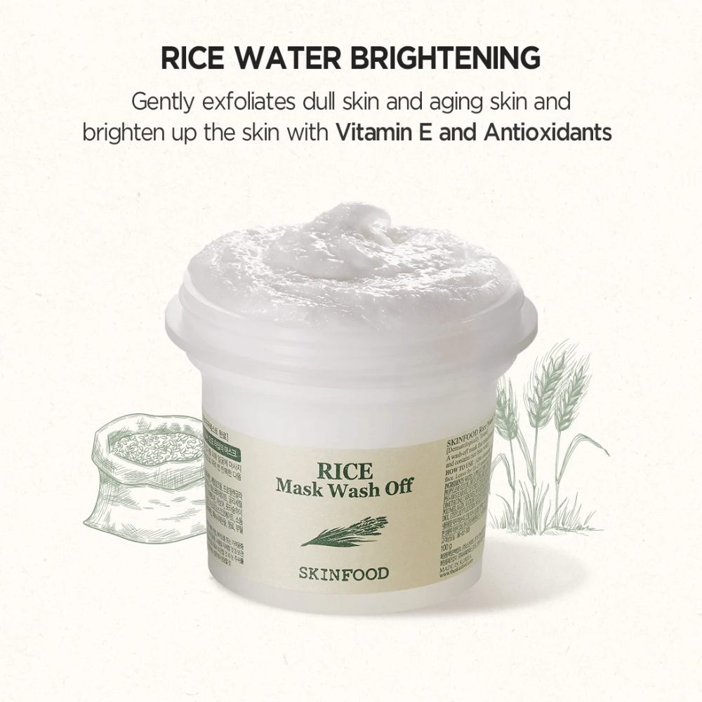 SKINFOOD's Rice Mask Wash Off 120g anbefales for å lysne opp og hjelpe huden.