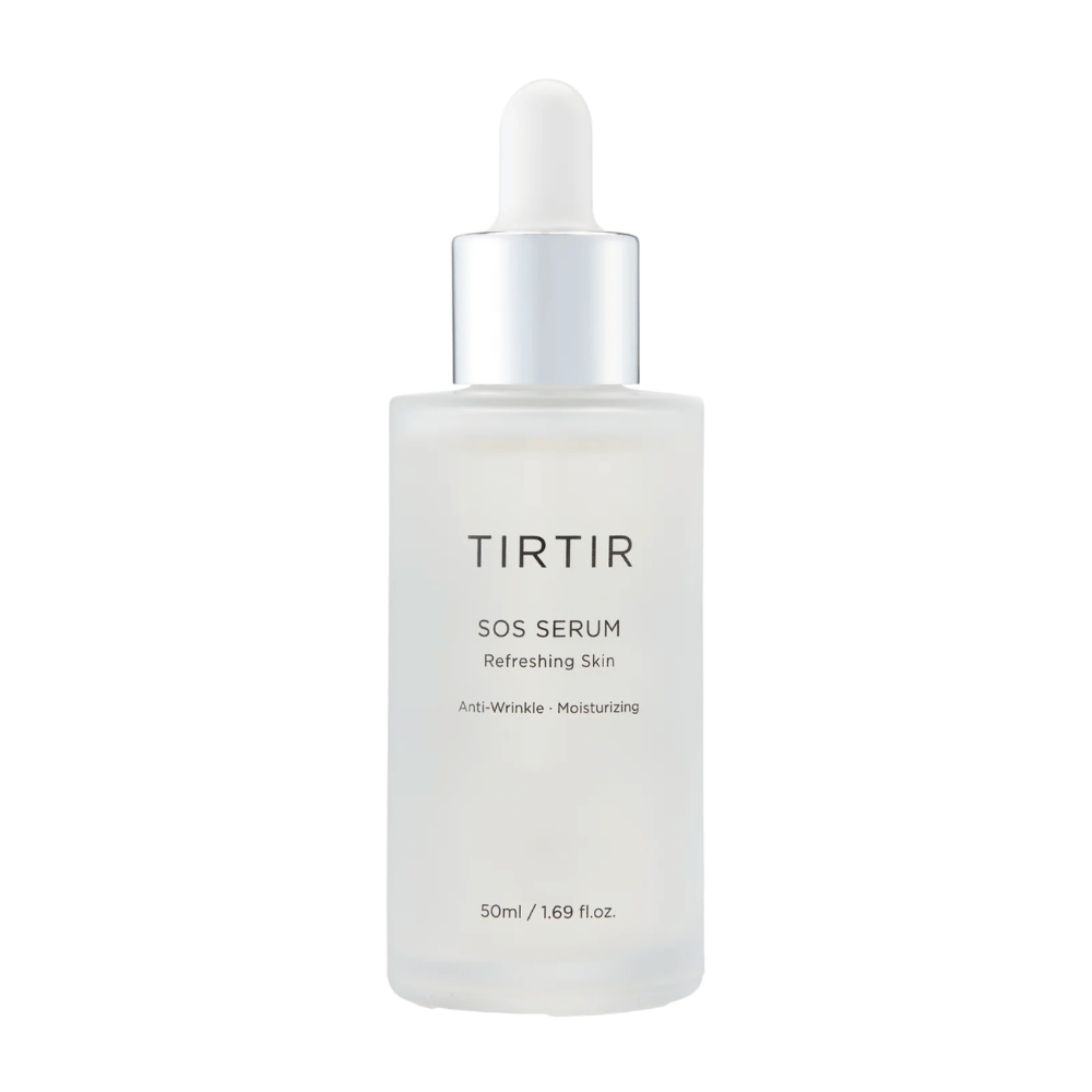 Flaske med TIRTIR SOS Serum, beregnet for oppfriskende og fuktighetsgivende hudpleie.