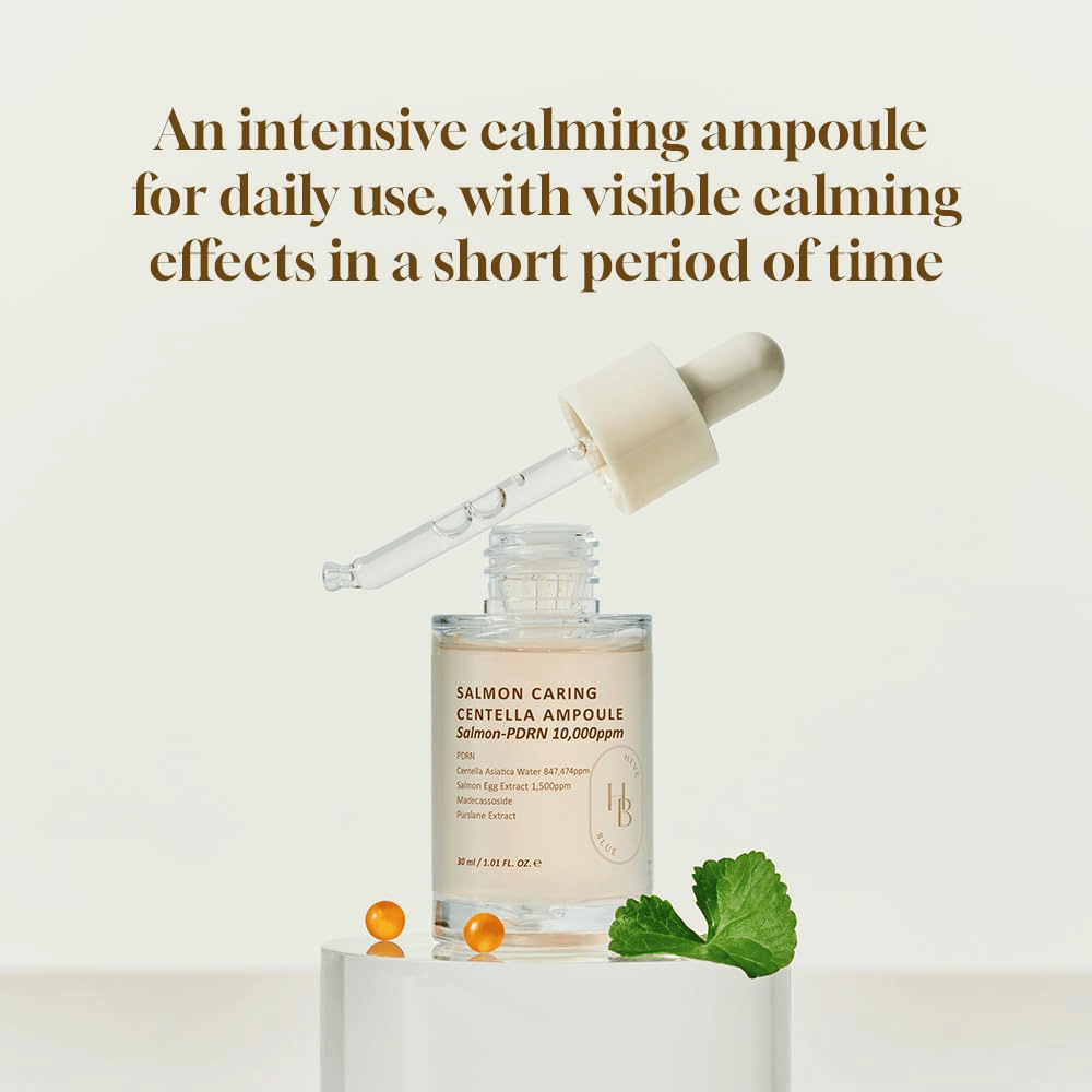 Heveblue Salmon Caring Centella Ampoule 30 ml med PDRN og centella asiatica – intensivt beroligende ampull for daglig bruk og synlig hudforbedring