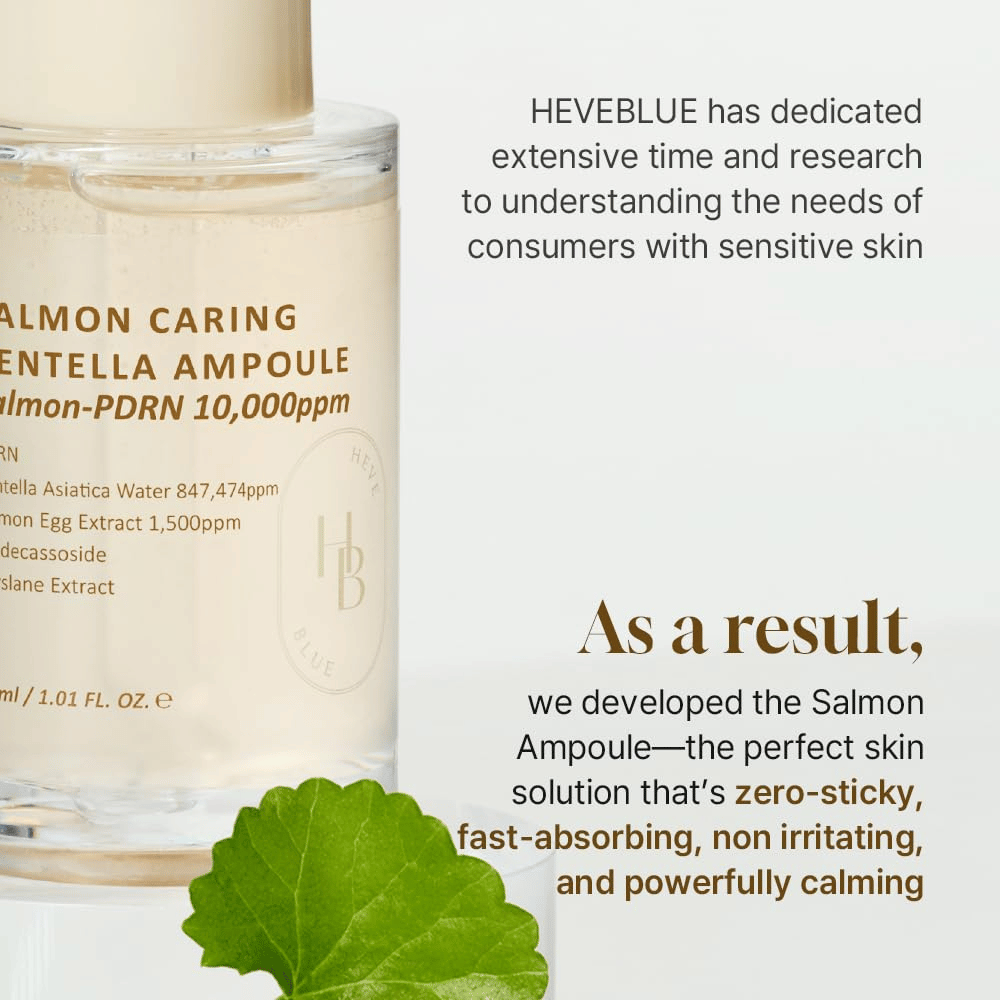 Heveblue Salmon Caring Centella Ampoule – raskt absorberende PDRN-serum med centella for sensitiv hud, beroliger irritasjon og gjenoppretter hudbarrieren