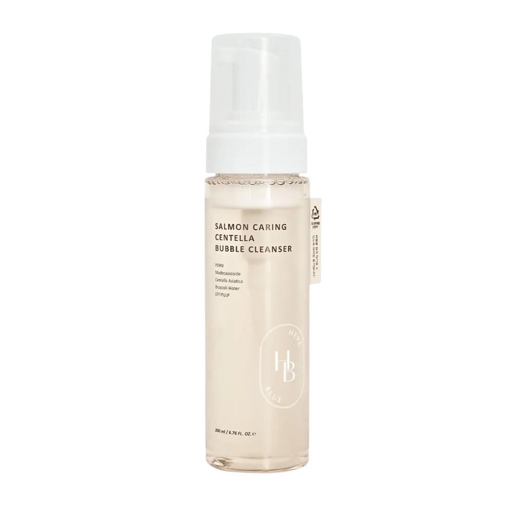 Heveblue Salmon Caring Centella Bubble Cleanser ansiktsrens – koreansk rensende skum med Centella Asiatica og PDRN som hjelper til med å rense porer, berolige huden og fukte.