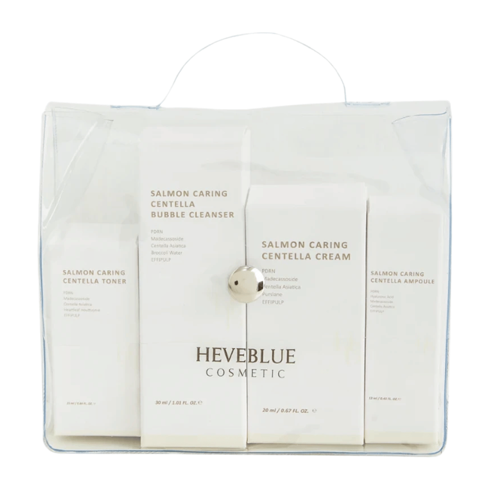 Heveblue Salmon Caring Centella Special Travel Kit hudpleiesett – koreansk hudpleierutine med toner, bubble cleanser, krem og ampoule med Centella Asiatica og PDRN.