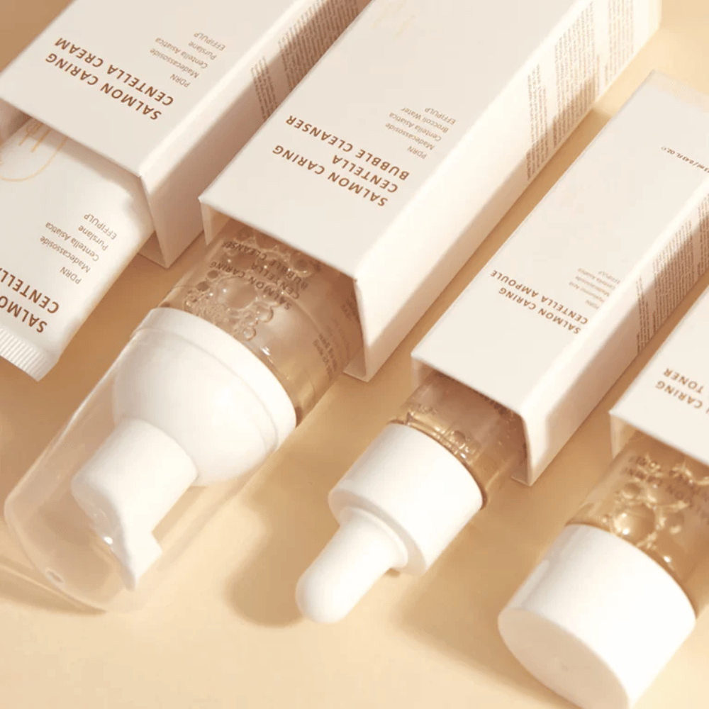 Heveblue Salmon Caring Centella Travel Kit hudpleiesett – koreanske hudpleieprodukter med Centella Asiatica og PDRN som hjelper til å fukte, berolige huden og styrke hudbarrieren.
