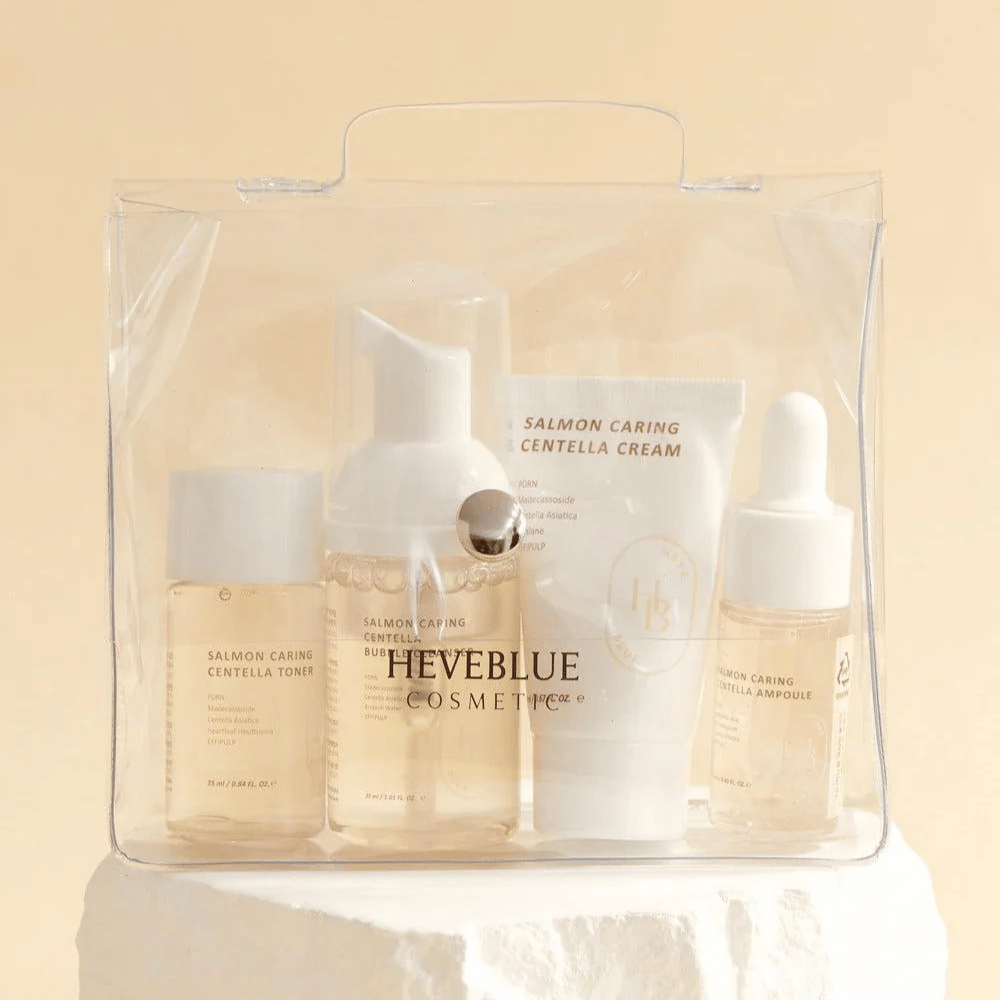 Heveblue Salmon Caring Centella Special Travel Kit – koreansk hudpleiesett med toner, bubble cleanser, krem og ampoule med Centella Asiatica og PDRN fra laks i praktisk reiseforpakning.