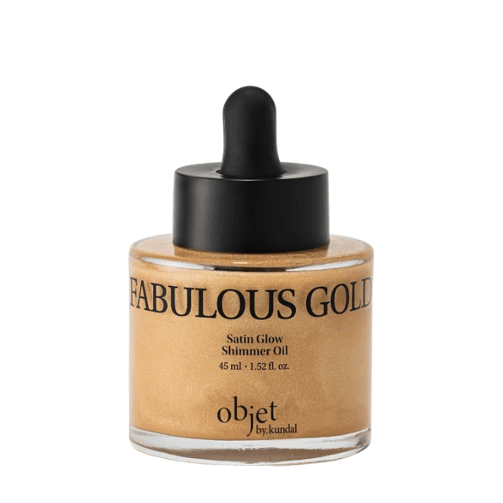 Objet by KUNDAL Satin Glow Shimmer Oil Fabulous Gold 45 ml – gyllen kroppsolje med skimrende satengfinish for strålende glød.