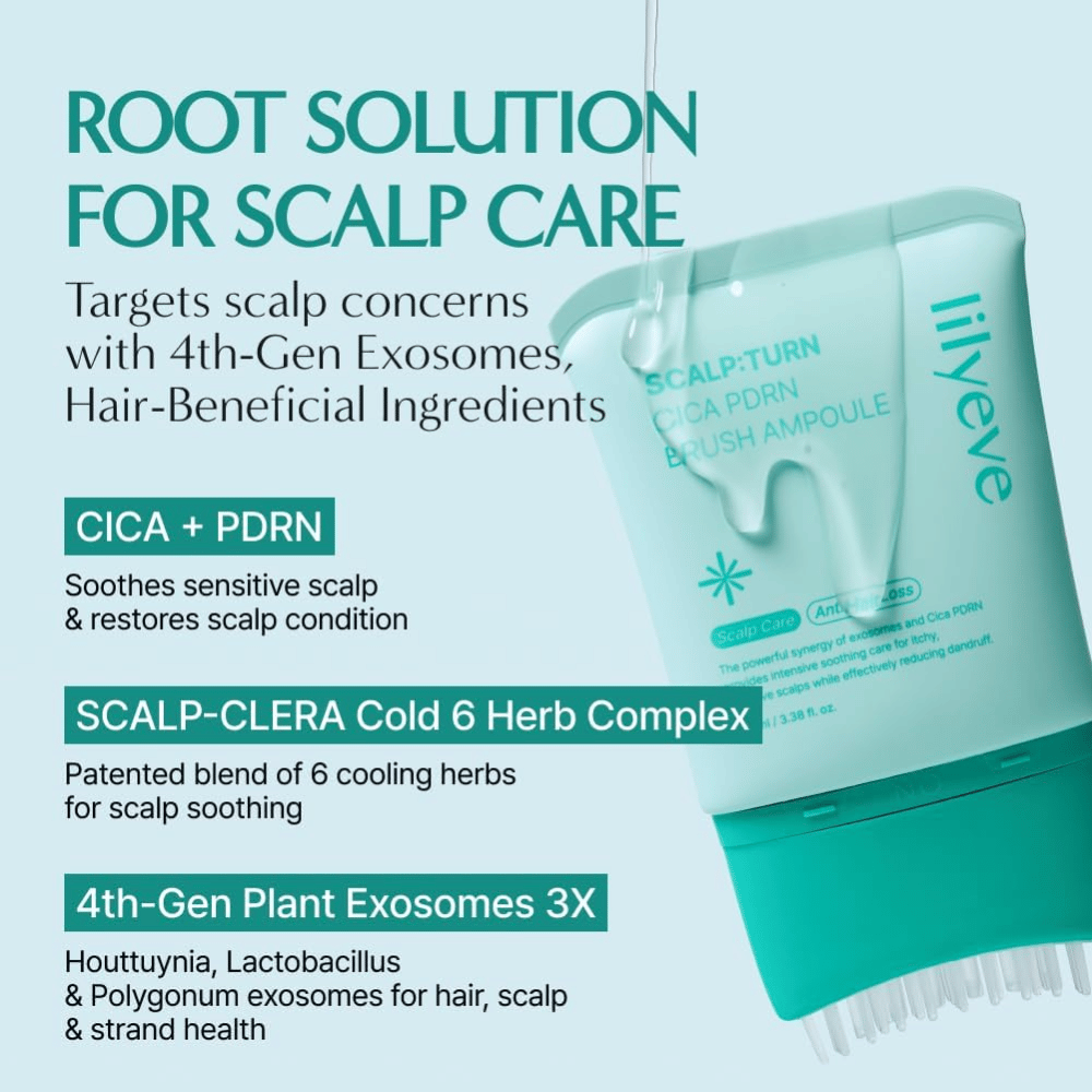 Produktbilde av LILYEVE Scalp:Turn Cica PDRN Brush Ampoule med beskrivelse av nøkkelingredienser. Bildet fremhever CICA, PDRN, kjølende urtekompleks og plantebaserte eksosomer som bidrar til å berolige og pleie sensitiv hodebunn.