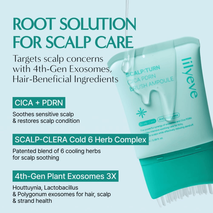 Produktbilde av LILYEVE Scalp:Turn Cica PDRN Brush Ampoule med beskrivelse av nøkkelingredienser. Bildet fremhever CICA, PDRN, kjølende urtekompleks og plantebaserte eksosomer som bidrar til å berolige og pleie sensitiv hodebunn.