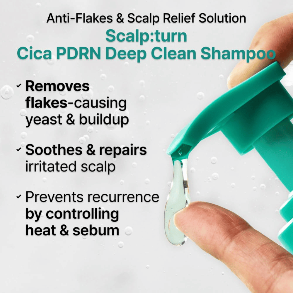 LILYEVE Scalp:Turn Cica PDRN Deep Clean Shampoo fjerner flass, roer irritert hodebunn og hjelper med å kontrollere talg og varmerelaterte problemer i hodebunnen.