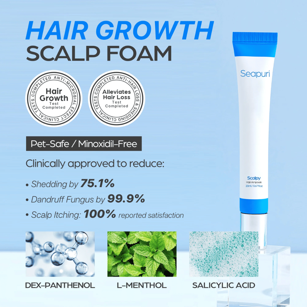 Seapuri Scalpy Hair Serum vises med tekst som fremhever klinisk bevist effekt: redusert hårtap og flass, økt hårvekst og beroliget hodebunn.