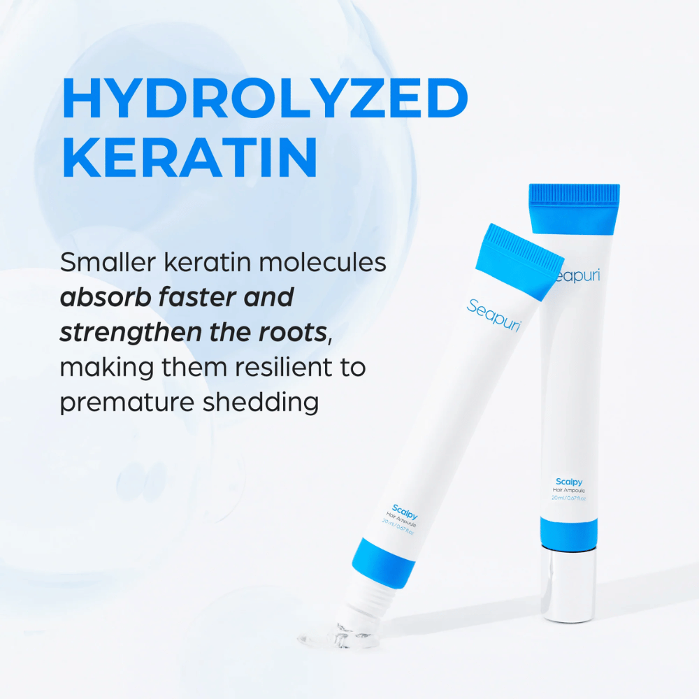 To tuber av Seapuri Scalpy Hair Serum vises. Tekst beskriver hydrolysert keratin som styrker hårsekkene og motvirker hårtap.