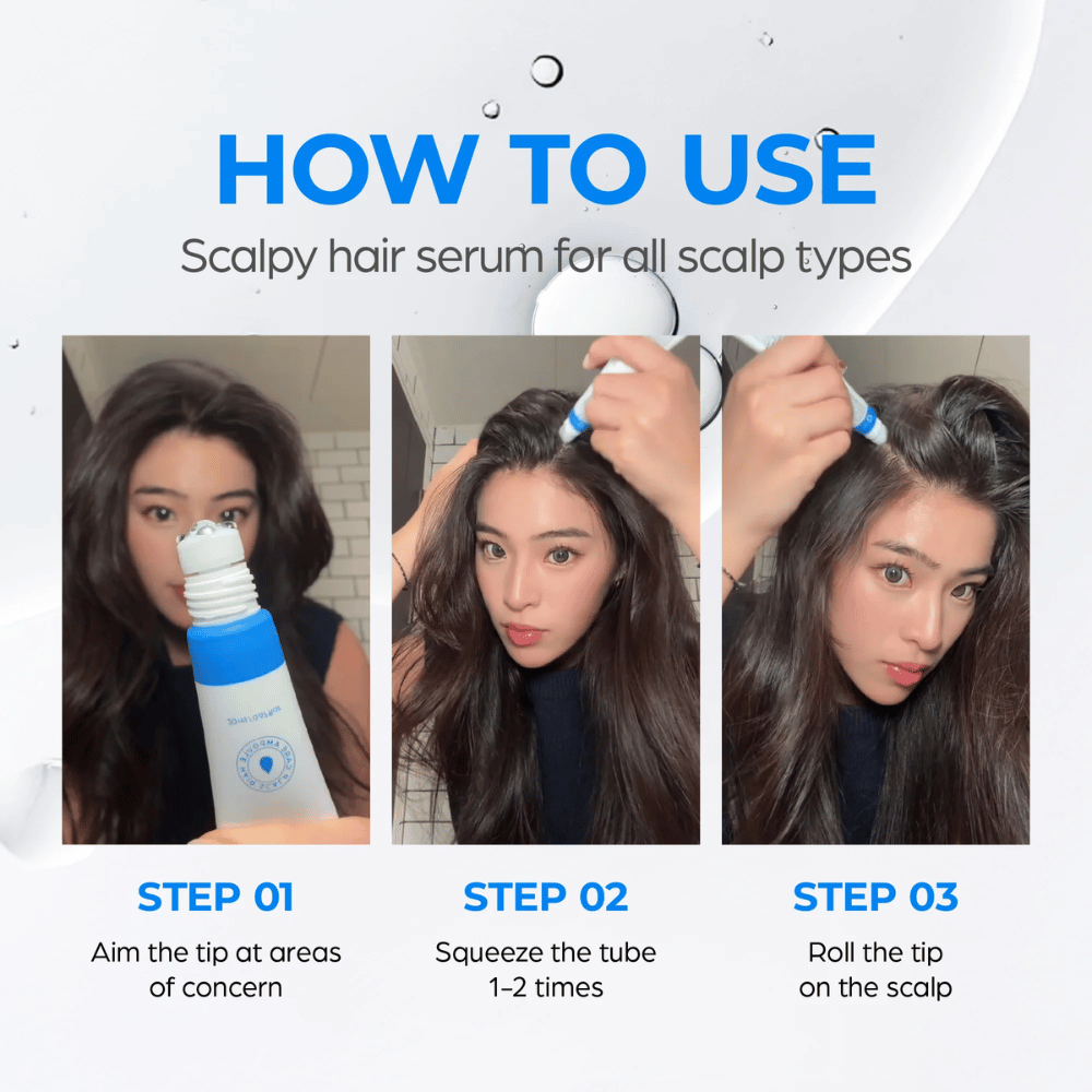 Kvinne påfører Seapuri Scalpy Hair Serum i hodebunnen. Steg-for-steg guide viser hvordan man retter, trykker og ruller applikatoren for best resultat.
