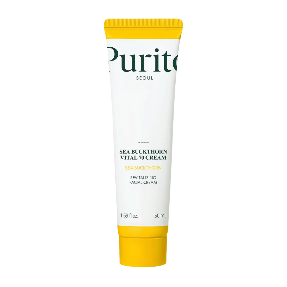 2. Purito SEOUL Sea Buckthorn Vital 70 Cream 50 ml – fuktighetsgivende ansiktskrem med 70 % tindvedekstrakt i hvit tube med gul kork mot hvit bakgrunn