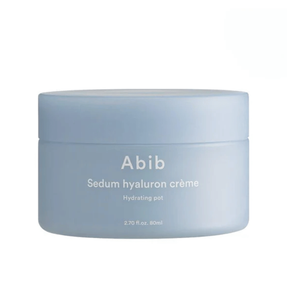 Abib Sedum Hyaluron Crème Hydrating Pot 80 ml i en stilren, lyseblå rund boks med hvit tekst.