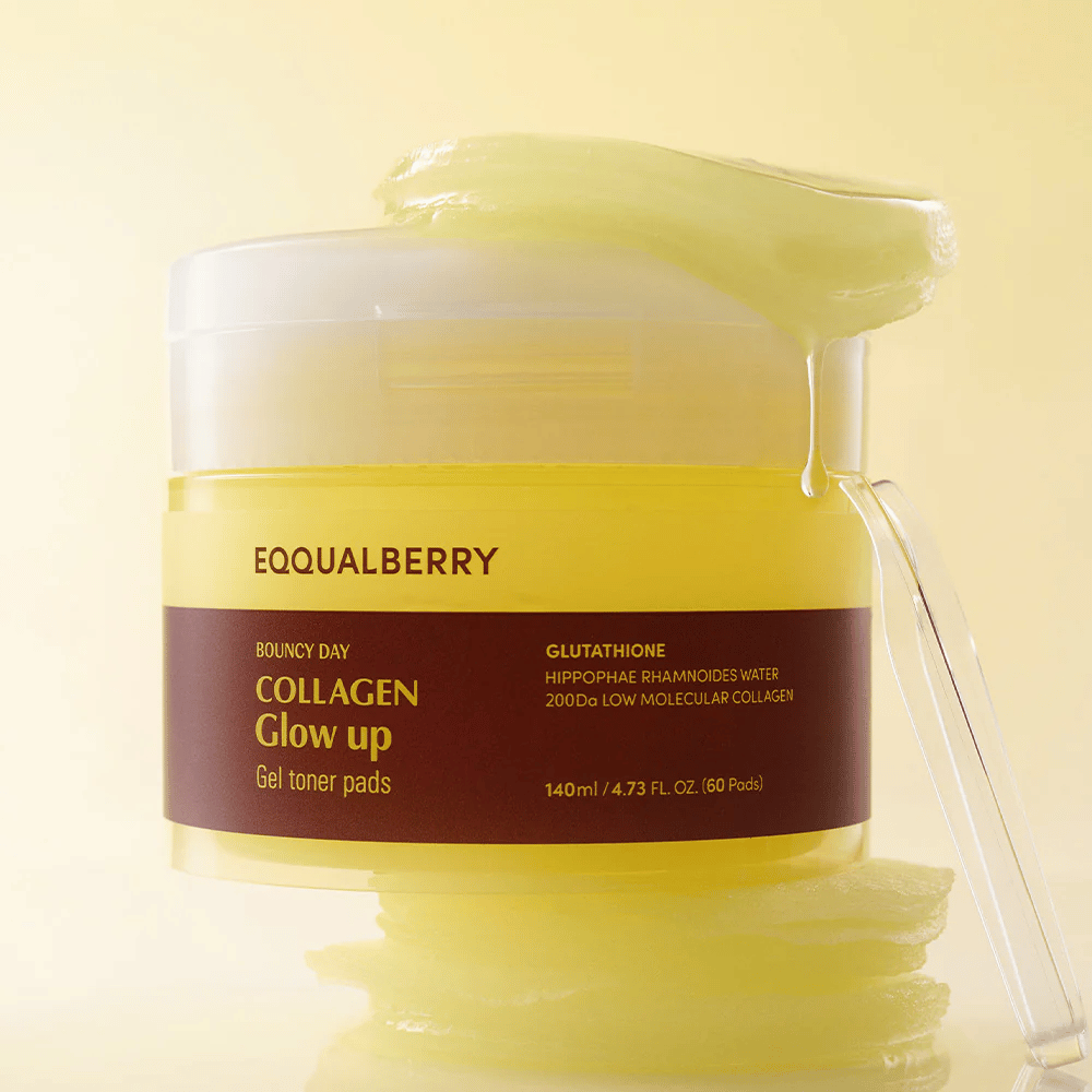 Bouncy Day Collagen Glow up Gel Toner Pads som inneholder lav molekylær kollagen og glutation for å gi huden en sunn glød og fuktighet.