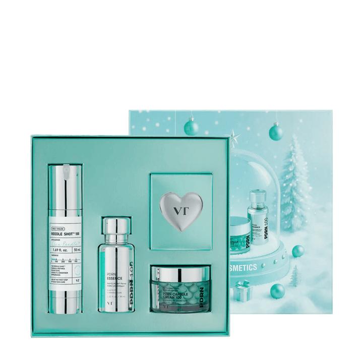 VT Cosmetics Shining Holiday Set – elegant gaveeske med Reedle Shot 100, PDRN Essence, PDRN Capsule Cream og nøkkelring.